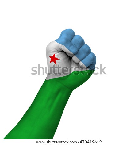 Hand making victory sign, djibouti painted with flag as symbol of victory, resistance, fight, power, protest, success - isolated on white background
