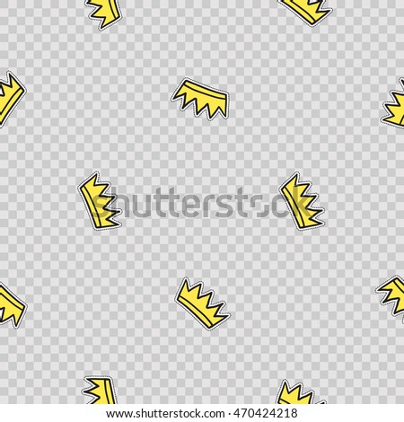 Vector seamless pattern with king crown. Hand drawn cute and funny fashion illustration patches or stickers kit. Modern doodle pop art sketch badges and pins