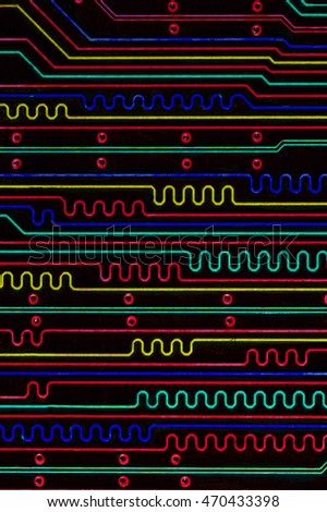 rich colorful tech background with signal paths on pcb board, integrated circuit, top view, flat lay