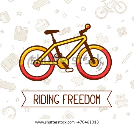 Vector illustration of colorful bicycle with ribbon and text on white pattern background. Doodle style. Bike adventure concept. Thin line art flat design of bicycle for riding on the bicycle, cycling