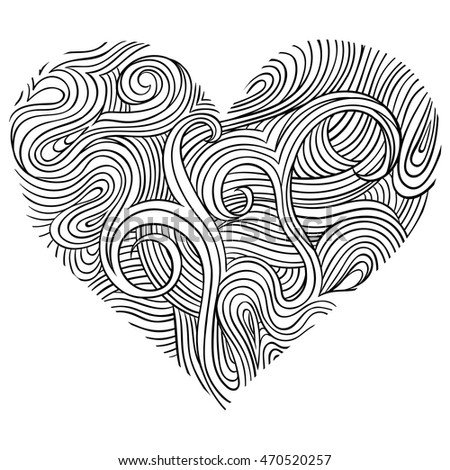 Vector abstract heart. Monochrome element for design. Sketch illustration. Pattern for relax and meditation. Line art on white background.