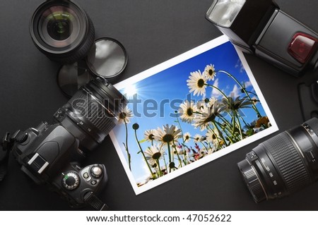 camera and lense on black showing photographer still life
