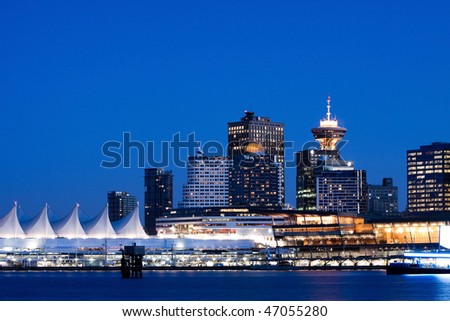 Vancouver BC evening skyline from Stanley Park