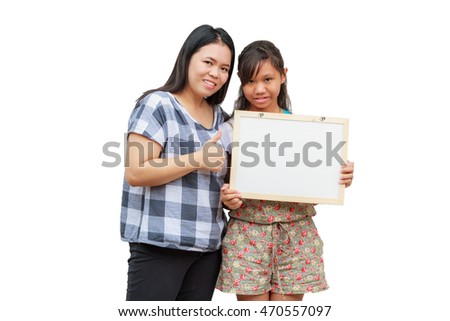 Asian thailand mother and daughter smile holding blank board, isolated on white background with copy space. Board with blank can add your text or others. clipping path in picture.