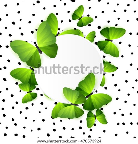 Card with exotic tropical green butterflies, copy space and dotted pattern. Vector illustration.