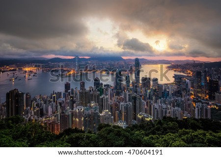 Cityscape sunset night sky, Hongkong