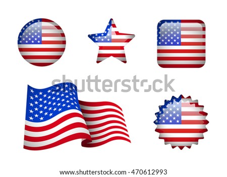 Set of American flag on white. Development of the flag, round, square and star-shaped.