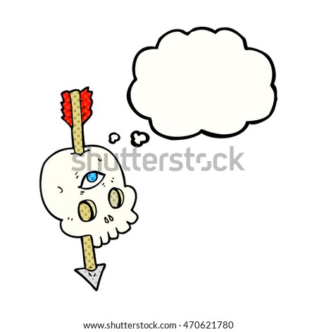 freehand drawn thought bubble cartoon magic skull with arrow through brain