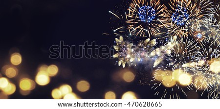 Fantastic colorful fireworks with  copyspace. Background for New Year, Independence Day or other celebrations Royalty-Free Stock Photo #470628665