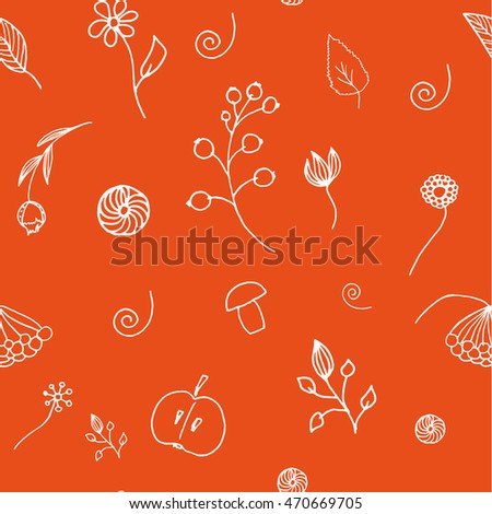 Autumn seamless background for packaging or fabric. Berries flowers fruits hand-drawn