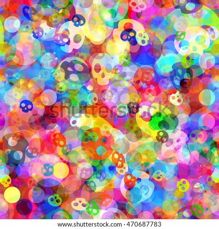 Festive colors. Colorful seamless pattern of spots and skulls for Halloween, fabrics, printing, packaging paper. Watercolor effect.