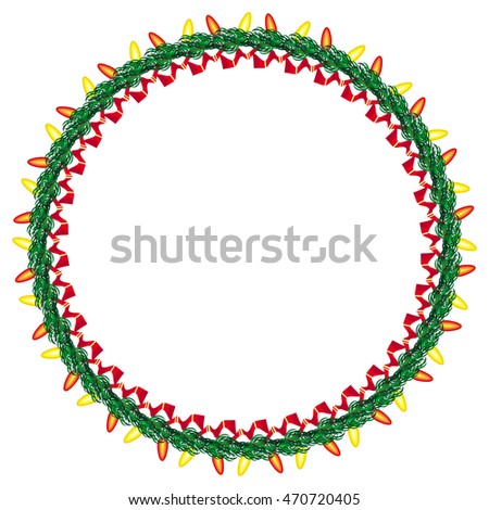 Christmas wreath decorated with light garlands. Design element for Christmas decorations, greetings cards and other design artworks. Vector clip art. 