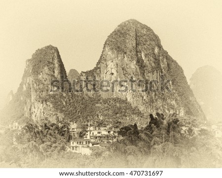 Beautiful karst mountains. View from the hill in the town of Hingping - China (stylized retro)