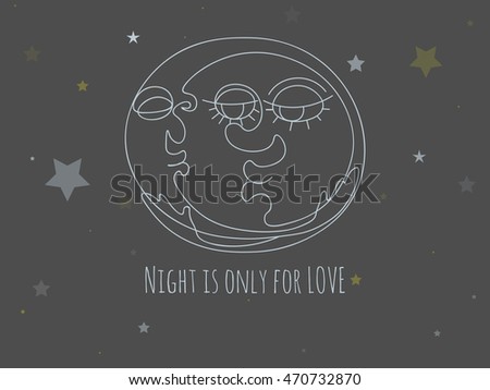 Postcard with cartoon moon. Night kiss for sweethearts. Vector EPS 10