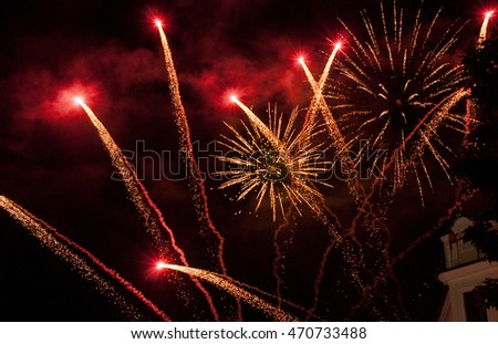 Fireworks display on dark sky background