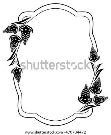 Black and white vertical frame with floral elements. Vector clip art.