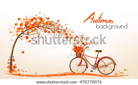 Nature autumn background with colorful leaves and a bicycle. Vector