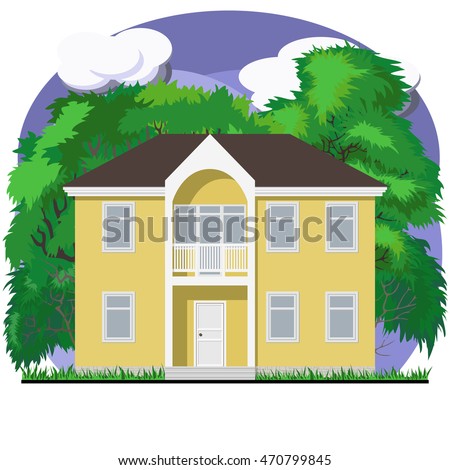 Yellow two-story facade of an apartment house on the background with sky, clouds and trees