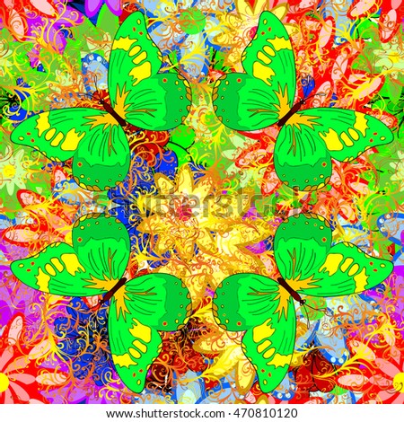 Seamless Stylish Floral Pattern. Mix of Colorful Flowers with big green butterflies. Vector illustration.