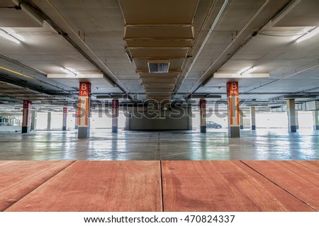 Wood floor with Parking garage interior, industrial building, parking background