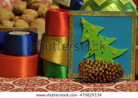 Christmas decorations. Christmas. Christmas Eve. Christmas ornaments with satin belt.
