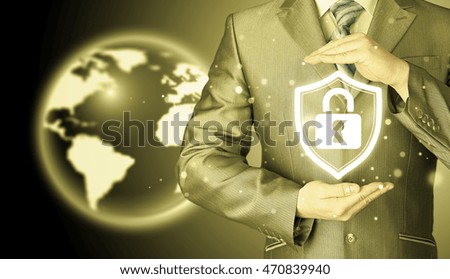 Data protection and insurance. Concept of business security, safety of information from virus, crime and attack. Internet secure system. Globe background. World wide insurance.