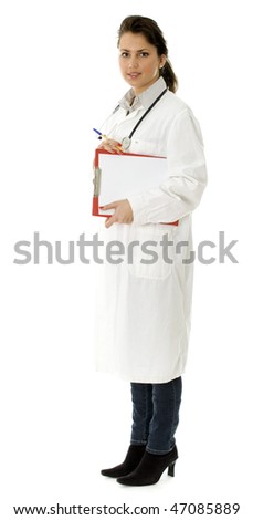 young woman doctor with stethoscope keeping clipboard