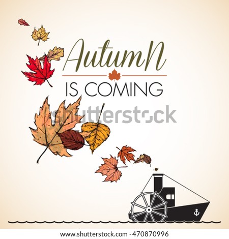 Abstract vector illustration of steamship and leaves.