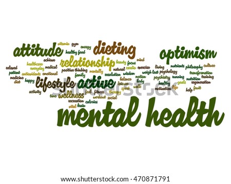 Vector concept or conceptual mental health or positive thinking abstract word cloud isolated on background metaphor to optimism, psychology, mind, healthcare, thinking, attitude, balance or motivation