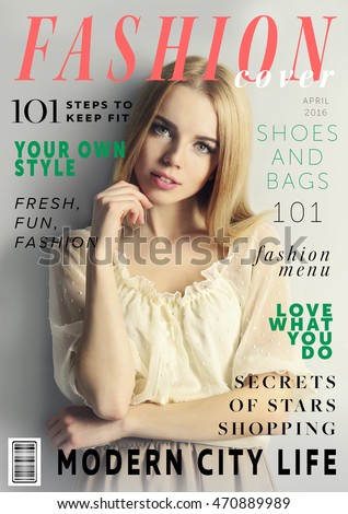 Attractive young woman on fashion magazine cover. Fashionable lifestyle concept. Royalty-Free Stock Photo #470889989