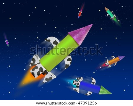 Colorful fantasy rocket flying into blue space planets and stars [Photo Illustration]