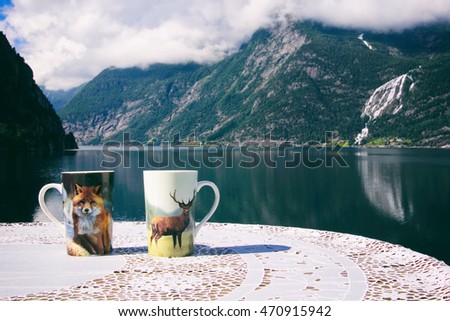 Two tea cups in fjord background, toned picture