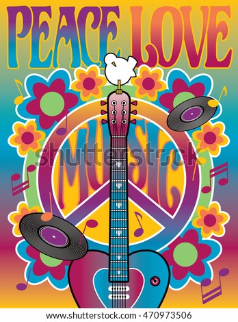 Peace-Love-and-Music Retro-styled illustration of a heart-shaped guitar, peace symbol, dove, vinyl records, musical notes and flowers.