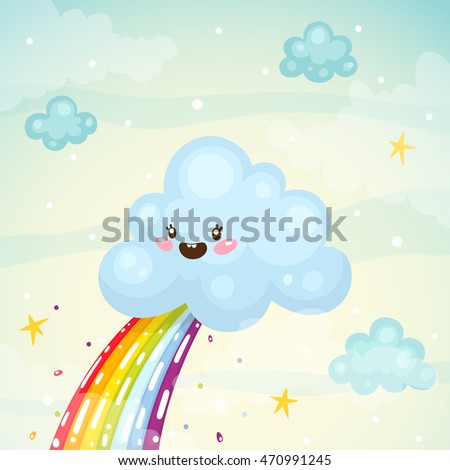Where does the rainbow, cute cloud pukes children's illustration, humor version, vector.
