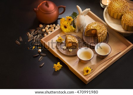 Mid autumn festival mooncake and tea appreciation table top shot. Shallow depth of field, Royalty-Free Stock Photo #470991980