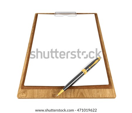 Wooden clipboard with blank papers and ballpoint pen with copy space for mock up isolated on white background, 3D rendering
