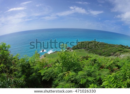 Green equatorial Caribbean sea shore at Dominican Republic, summer, photo shoot with fish eye lens Royalty-Free Stock Photo #471026330