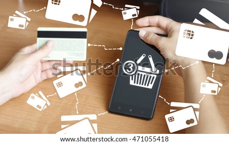Smart phone basket online internet pay buy shop credit card network cyber web shopping, mobile purchase. Bank card, gift card, telephone. Shopping via phone, payment by credit card online shopping.