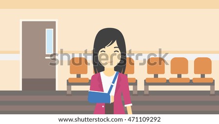 An injured asian woman with broken right arm in brace standing in the hospital corridor. Smiling woman wearing an arm brace. Vector flat design illustration. Horizontal layout.
