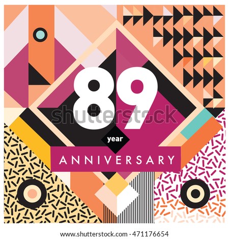 89th years greeting card anniversary with colorful number and frame. logo and icon with Memphis style cover and design template