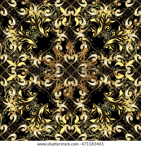 Seamless vintage pattern on black background with golden elements.