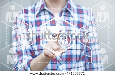 Business, finance, technology and internet concept - businesswoman presses envelope icon with lock on virtual screen. Mail button with lock. businessman touched security email sign. Safety, protection