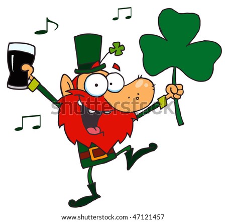 Lucky Leprechaun Dancing with a Glass of Beer and Shamrock