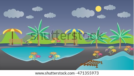 Lake landscape, Palm Tree  chair with mountain background Vector Illustration