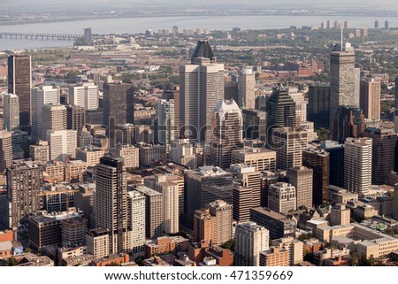 Aerial view of downtown Montreal on sunny summer day looking south west towards the river.