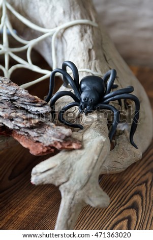Plasticine homemade black spider on a wooden snag on background of web, selective focus