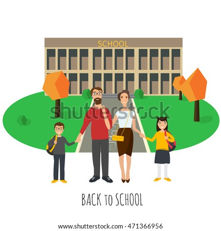 Back to school illustration. Family: mother, father, son, daughter. School building background