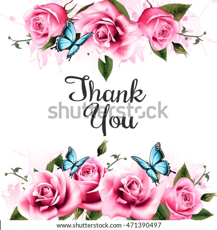 Thank You background with beautiful roses and butterflies. Vector.