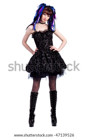 Young slim goth woman on a white background