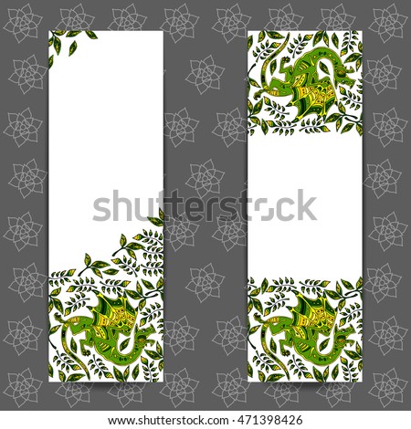 Colorful illustration background, invitation or greeting card template with beautiful hand-drawn green dragons and leaves in ethnic style. Stained glass mosaic ornament. Vector illustration.